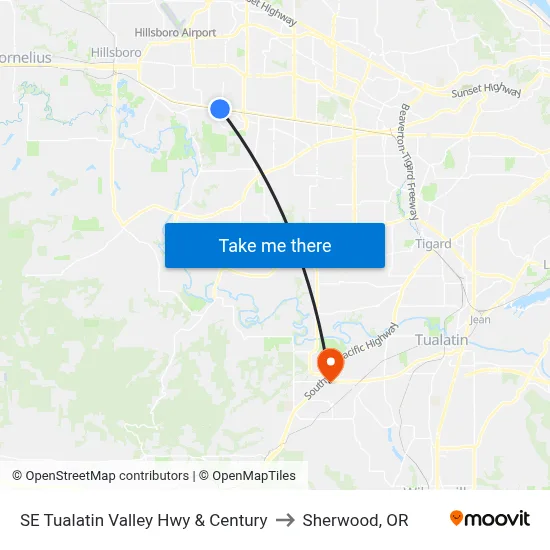 SE Tualatin Valley Hwy & Century to Sherwood, OR map