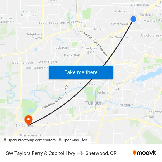 SW Taylors Ferry & Capitol Hwy to Sherwood, OR map