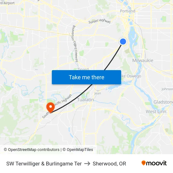 SW Terwilliger & Burlingame Ter to Sherwood, OR map