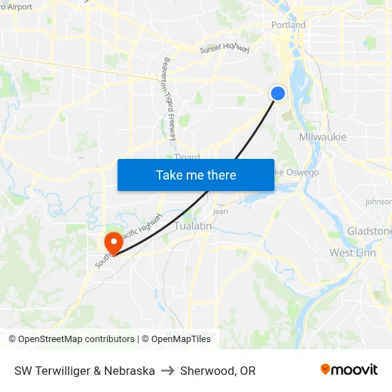 SW Terwilliger & Nebraska to Sherwood, OR map