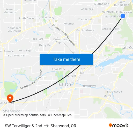 SW Terwilliger & 2nd to Sherwood, OR map