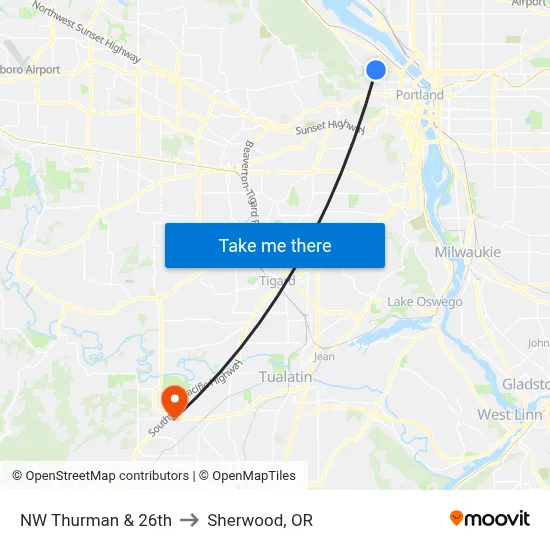 NW Thurman & 26th to Sherwood, OR map