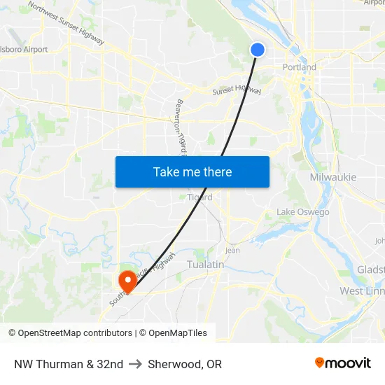 NW Thurman & 32nd to Sherwood, OR map