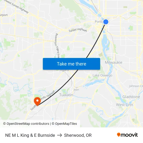 NE M L King & E Burnside to Sherwood, OR map
