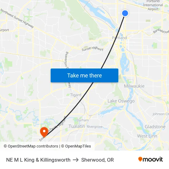 NE M L King & Killingsworth to Sherwood, OR map