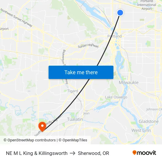 NE M L King & Killingsworth to Sherwood, OR map
