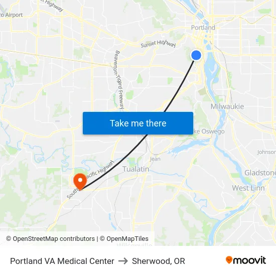 Portland VA Medical Center to Sherwood, OR map