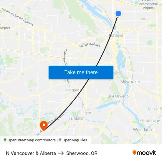 N Vancouver & Alberta to Sherwood, OR map