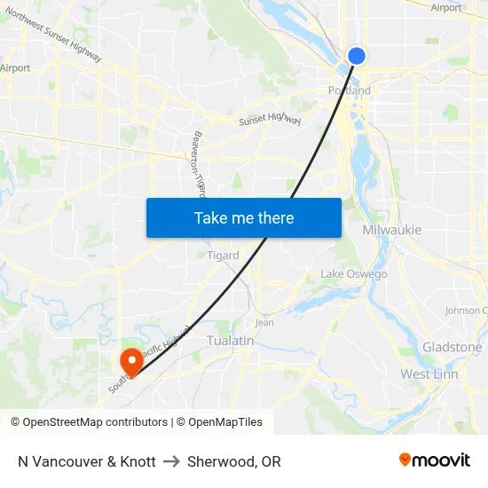 N Vancouver & Knott to Sherwood, OR map