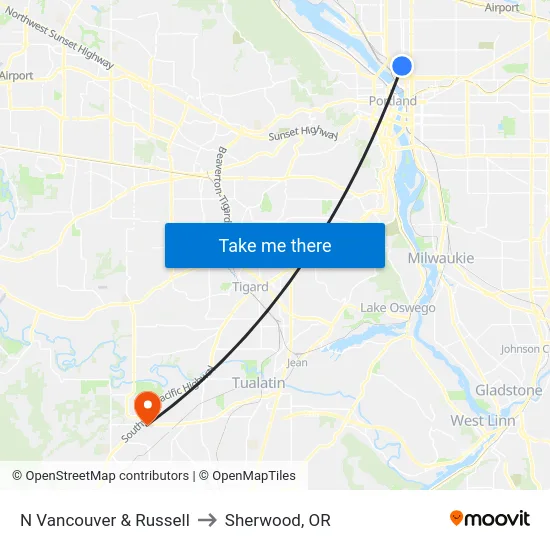 N Vancouver & Russell to Sherwood, OR map