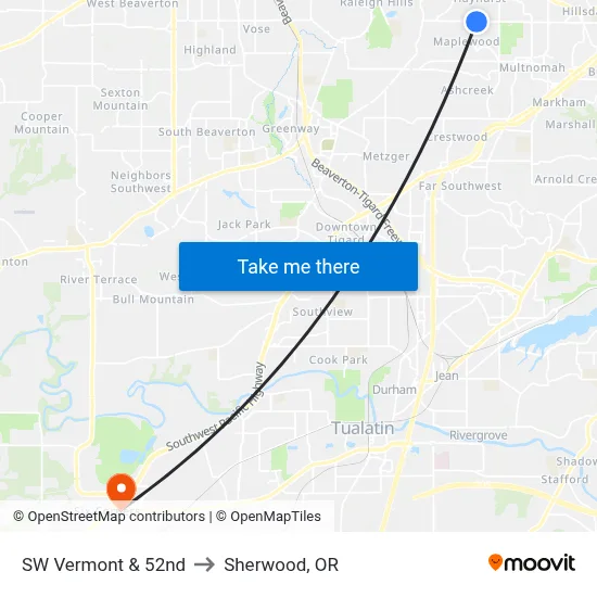 SW Vermont & 52nd to Sherwood, OR map