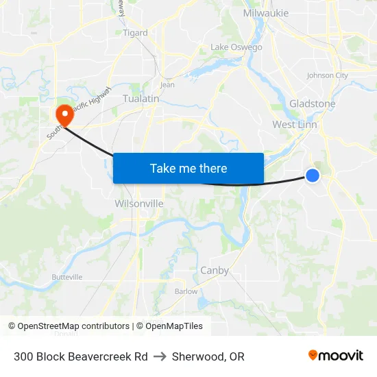 300 Block Beavercreek Rd to Sherwood, OR map