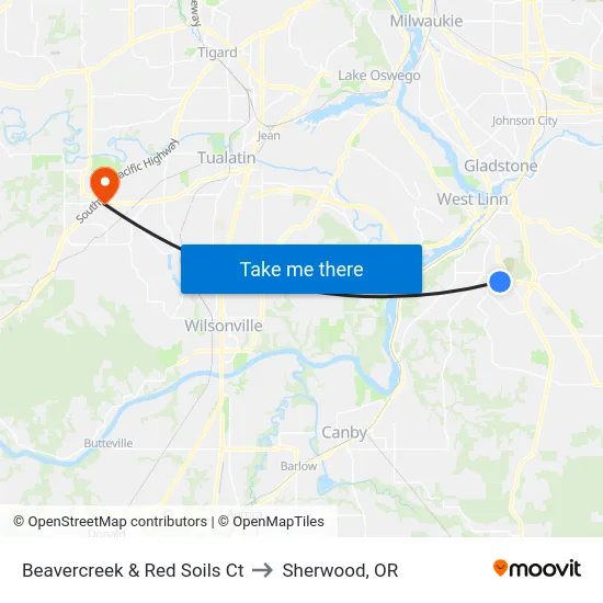 Beavercreek & Red Soils Ct to Sherwood, OR map