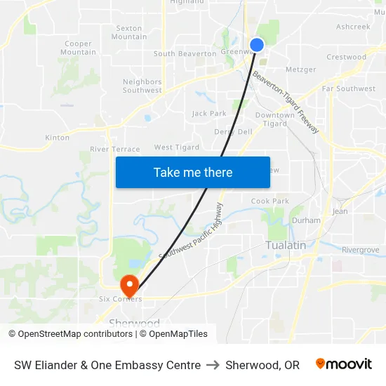 SW Eliander & One Embassy Centre to Sherwood, OR map