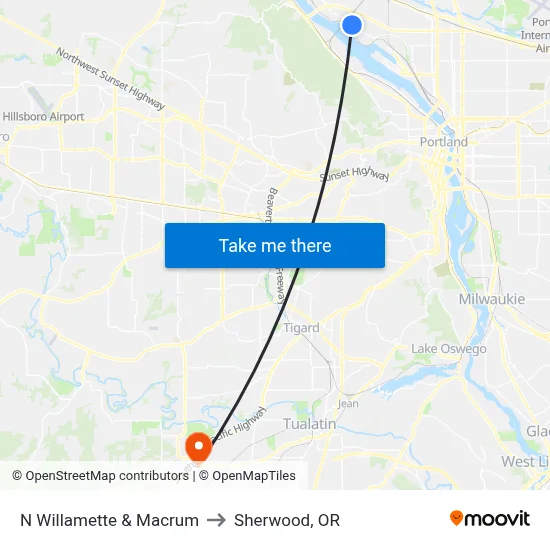 N Willamette & Macrum to Sherwood, OR map