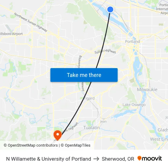 N Willamette & University of Portland to Sherwood, OR map