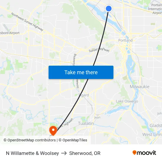 N Willamette & Woolsey to Sherwood, OR map