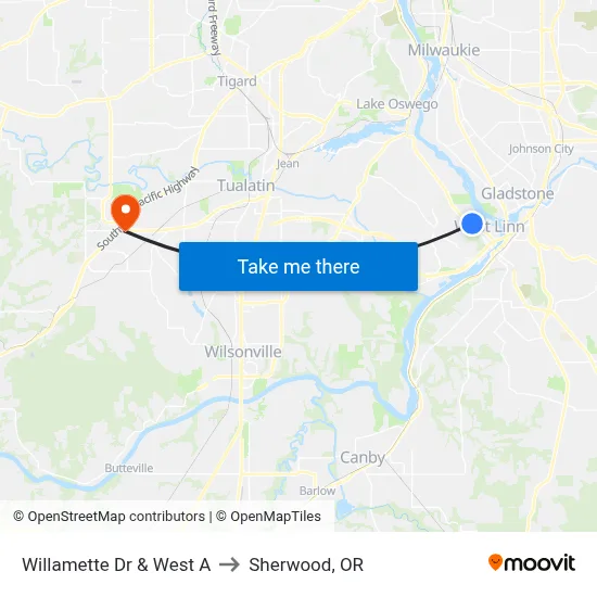 Willamette Dr & West A to Sherwood, OR map