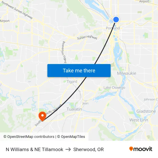 N Williams & NE Tillamook to Sherwood, OR map