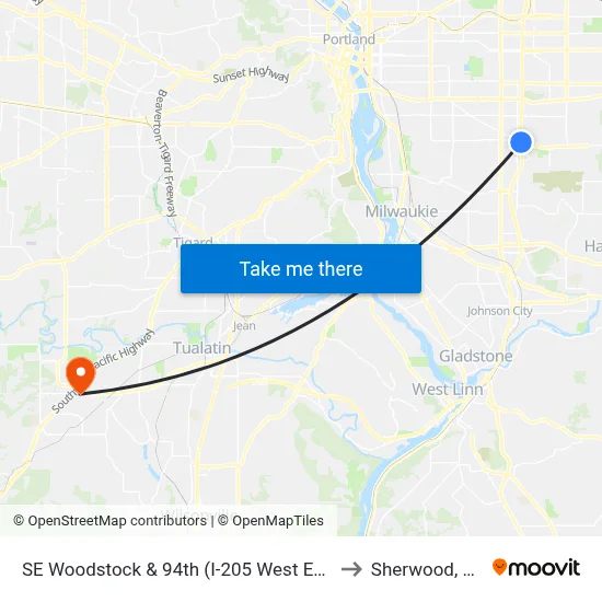 SE Woodstock & 94th (I-205 West End) to Sherwood, OR map