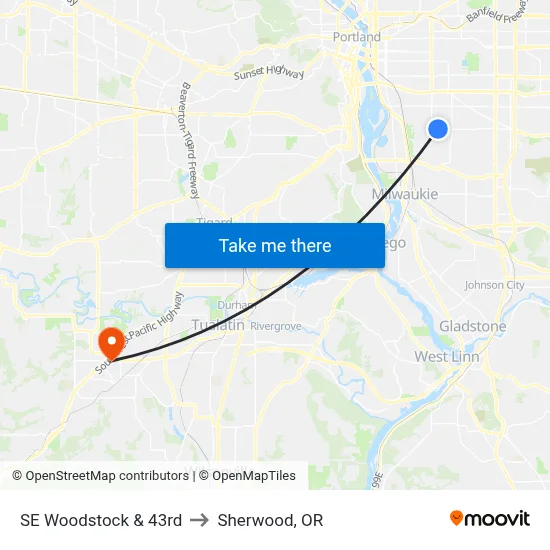 SE Woodstock & 43rd to Sherwood, OR map