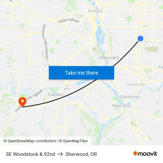 SE Woodstock & 92nd to Sherwood, OR map