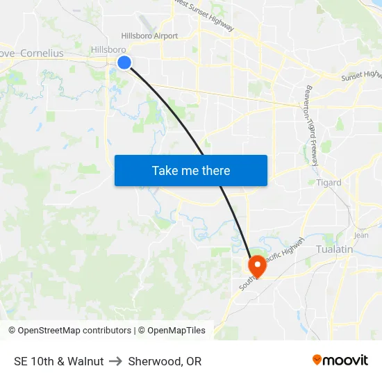 SE 10th & Walnut to Sherwood, OR map