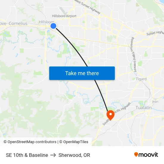 SE 10th & Baseline to Sherwood, OR map