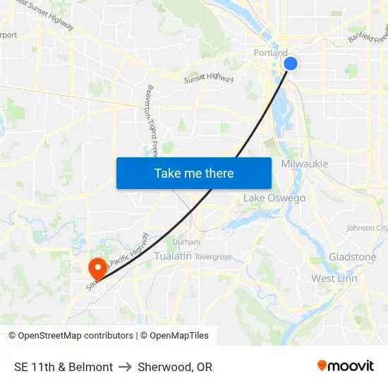 SE 11th & Belmont to Sherwood, OR map