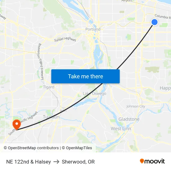 NE 122nd & Halsey to Sherwood, OR map