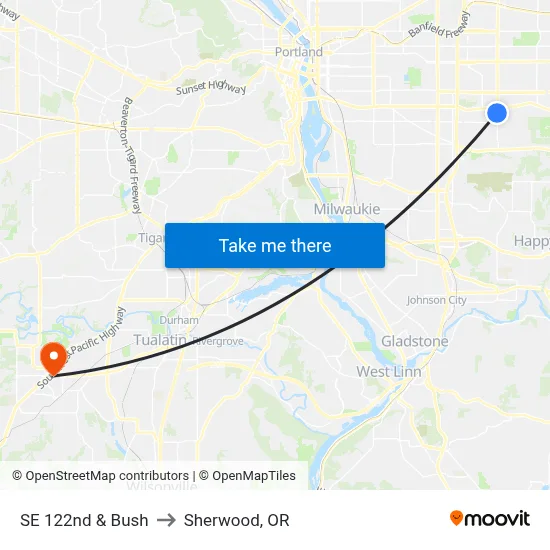 SE 122nd & Bush to Sherwood, OR map