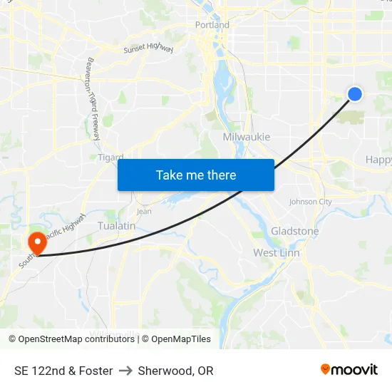 SE 122nd & Foster to Sherwood, OR map
