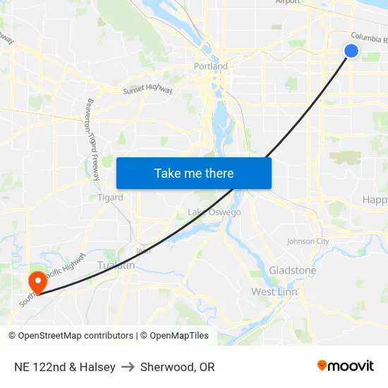 NE 122nd & Halsey to Sherwood, OR map