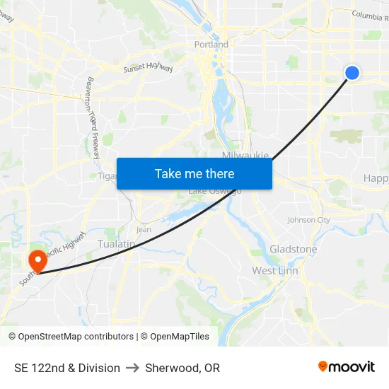 SE 122nd & Division to Sherwood, OR map