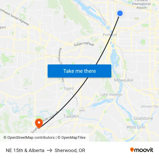 NE 15th & Alberta to Sherwood, OR map