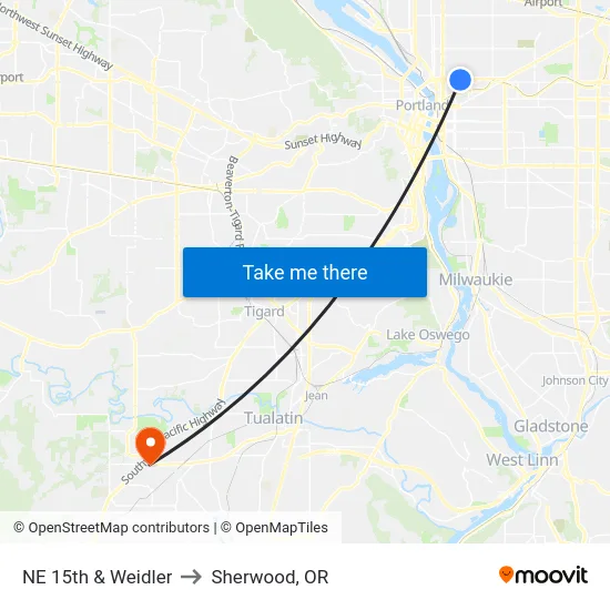 NE 15th & Weidler to Sherwood, OR map
