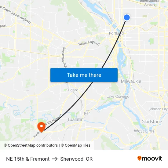 NE 15th & Fremont to Sherwood, OR map
