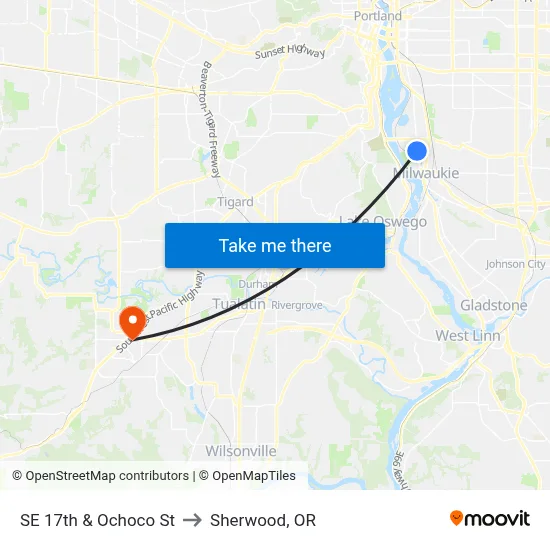 SE 17th & Ochoco St to Sherwood, OR map