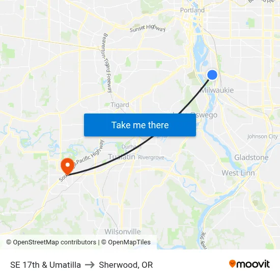 SE 17th & Umatilla to Sherwood, OR map