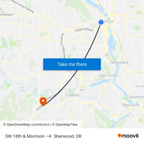 SW 18th & Morrison to Sherwood, OR map