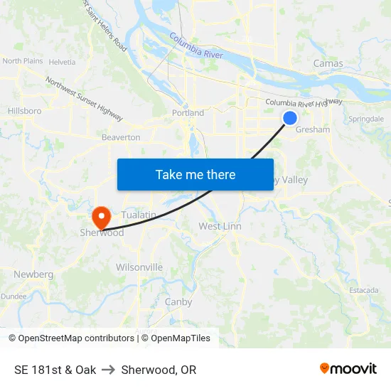 SE 181st & Oak to Sherwood, OR map