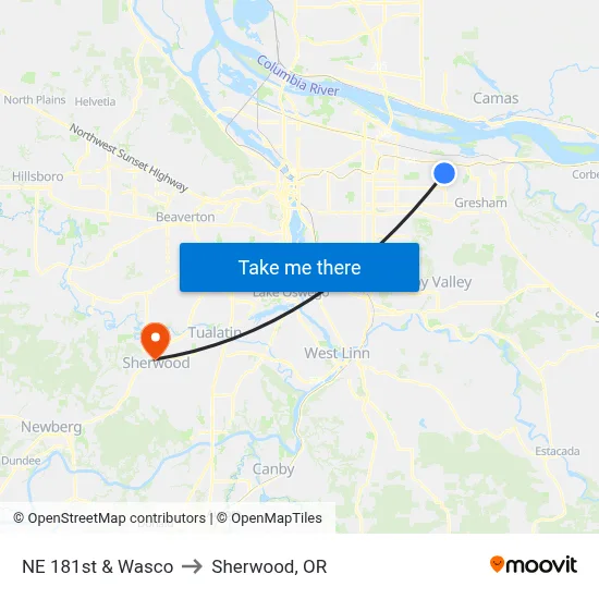 NE 181st & Wasco to Sherwood, OR map
