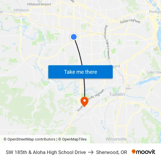 SW 185th & Aloha High School Drive to Sherwood, OR map