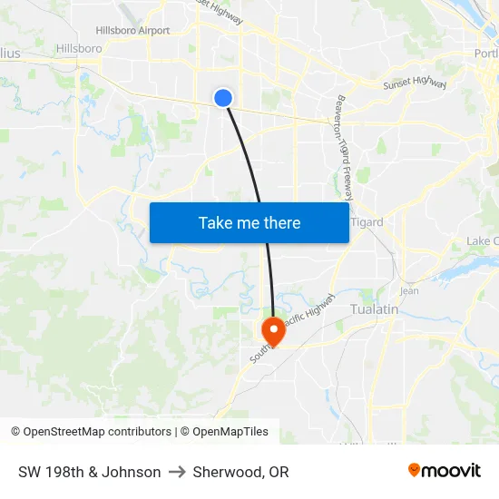 SW 198th & Johnson to Sherwood, OR map