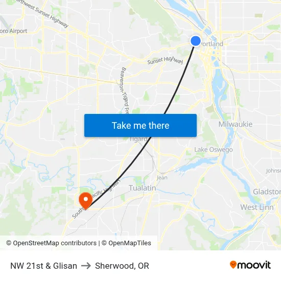 NW 21st & Glisan to Sherwood, OR map