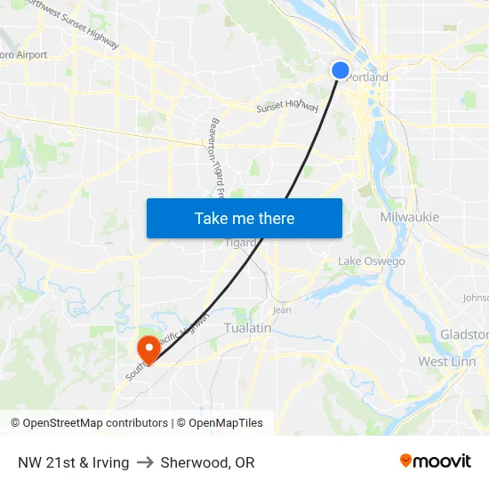 NW 21st & Irving to Sherwood, OR map