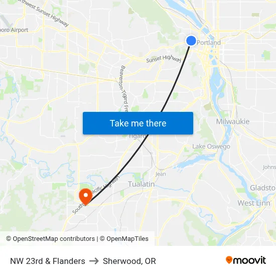 NW 23rd & Flanders to Sherwood, OR map