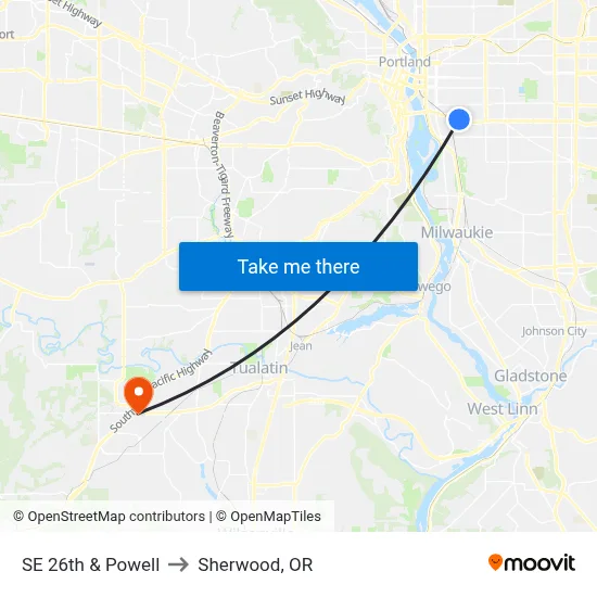 SE 26th & Powell to Sherwood, OR map