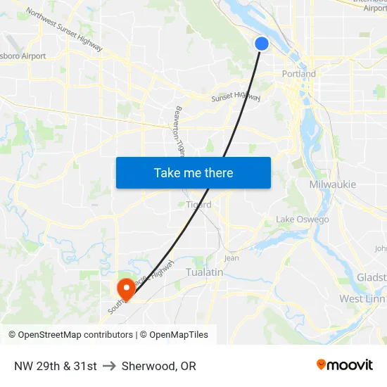 NW 29th & 31st to Sherwood, OR map