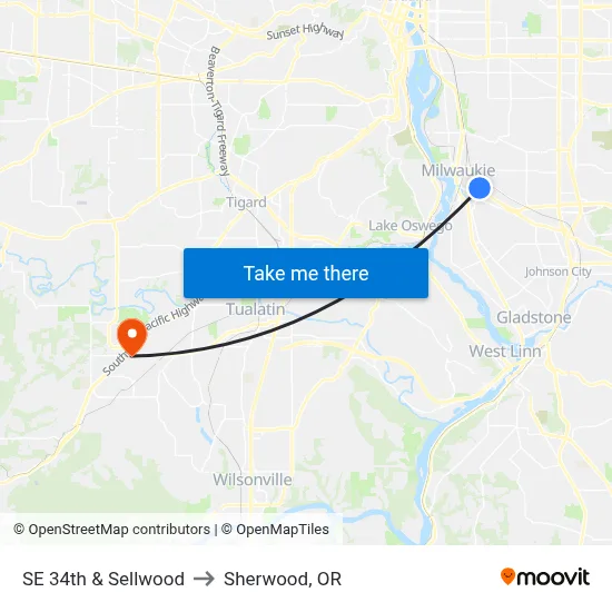 SE 34th & Sellwood to Sherwood, OR map